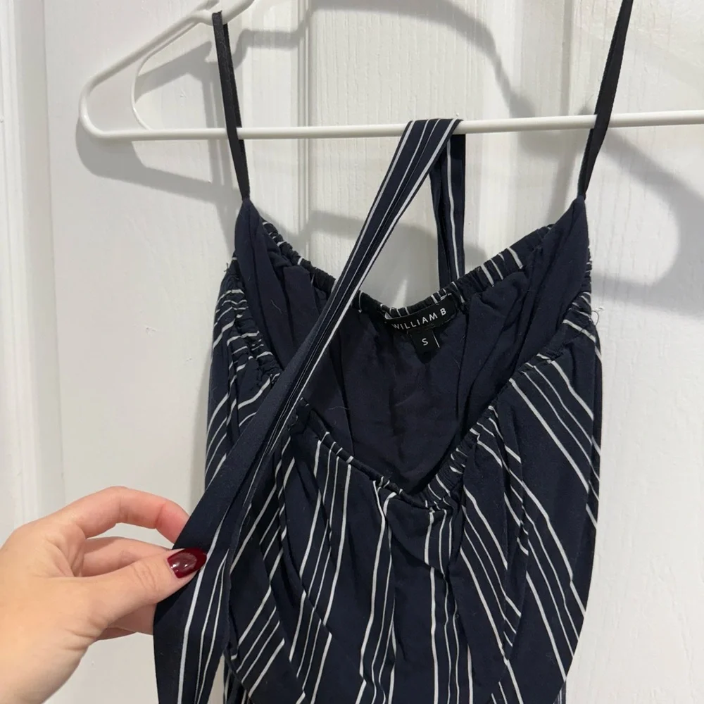 Striped Navy and White Strapless Jumpsuit - Picture 3 of 3